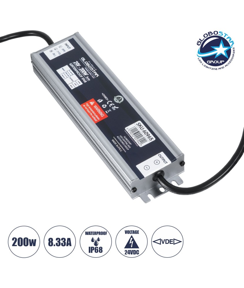 GLOBOSTAR® LUMISPLASH 60965 Τροφοδοτικό-Μετασχηματιστής Class II SELV 200W 8.33A DC 24V Αδιάβροχο IP68 - AC 220-240V σε DC 24V - Μ21.5 x Π5.5 x Υ2.5cm - 3 Χρόνια Εγγύηση